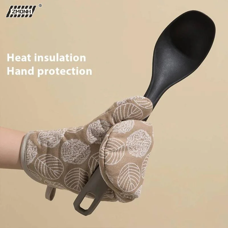 H 2IN1 Heat Resistant Oven Glove Pot Holder Baking Cooking Mittens Microwave Oven Gloves With Leaf Pattern Heat Protection