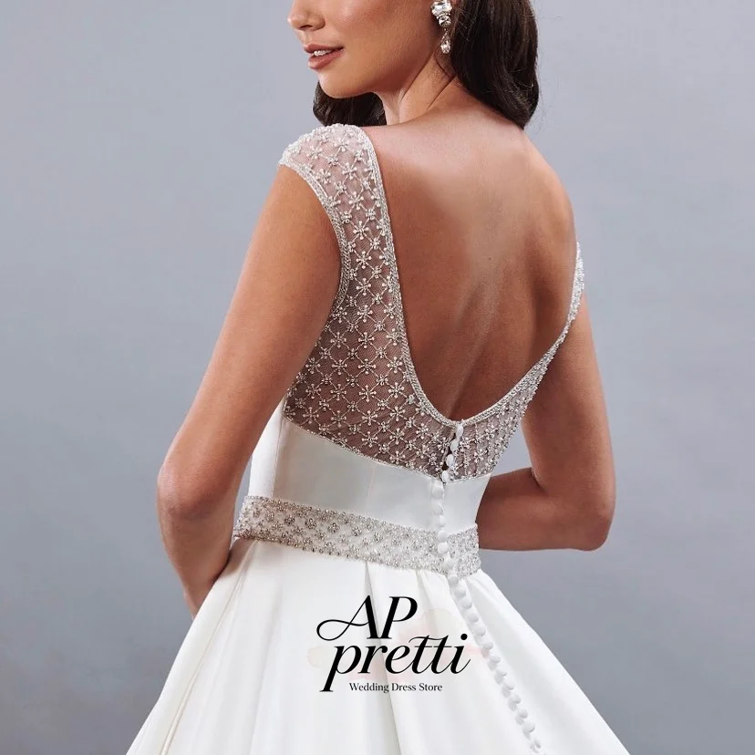 AP pretti Elegant Satin Wedding Dress O-Neck Customized A-line Off the Shoulder Court Train Bridal Gown Vestidos Novias Boda