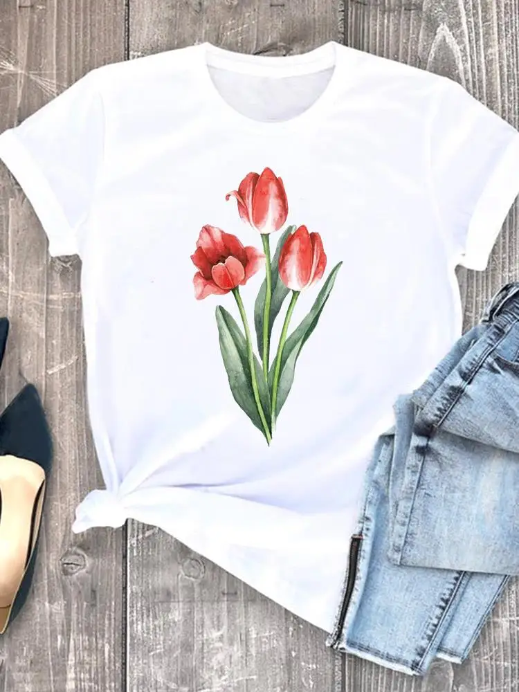 꽃 수채화 90 년대 귀여운 트렌드 여성 그래픽 티셔츠, 반팔, 여성 패션 프린트 셔츠, 티 의류