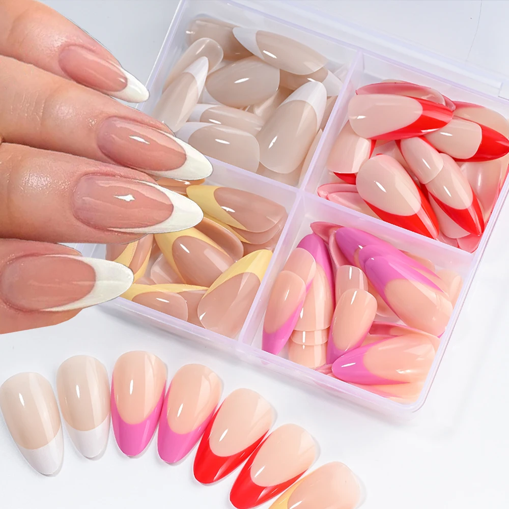 96 قطعة-صندوق اللوز الأبيض الفرنسية الصحافة على الأظافر بلون بسيط الفرنسية وهمية مسمار لامعة غطاء كامل أظافر صناعية للنساء مسمار تلميح