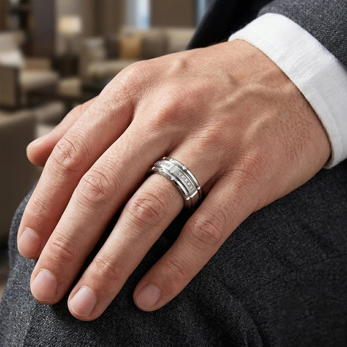 8MM Silver Tungsten Carbide Men's Wedding Bands Zircon Ring Fashion Jewelry Men's Women's Engagement Wedding Promise Couple Ring