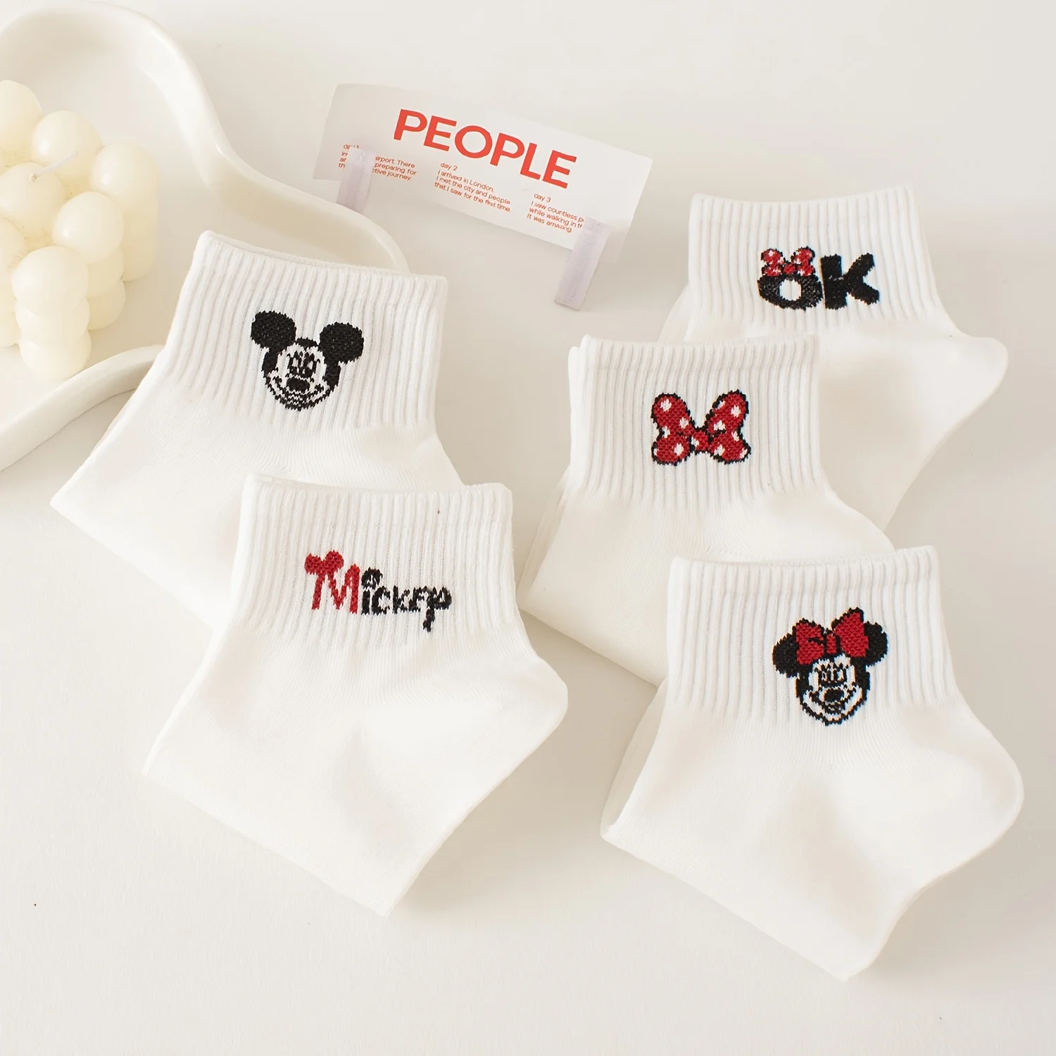 5 Pairs Of Spring/Summer Unisex White Series Sweet And Fashionable Cartoon Bow Pattern Versatile Casual Letter Long Socks