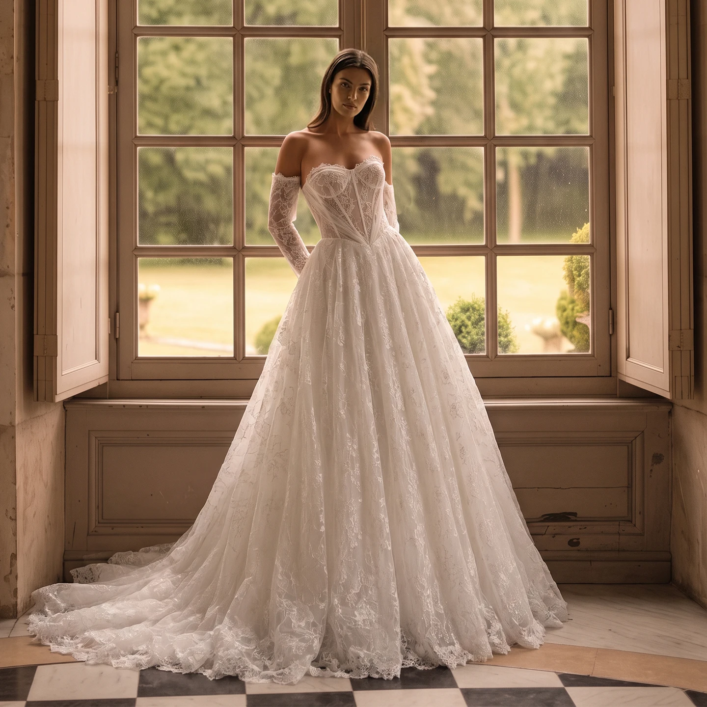 Sharon Said Elegant Off White Lace A Line Wedding Dress Sweetheart Strapless Detachable Long Sleeve Bridal Gowns SW761 Customize