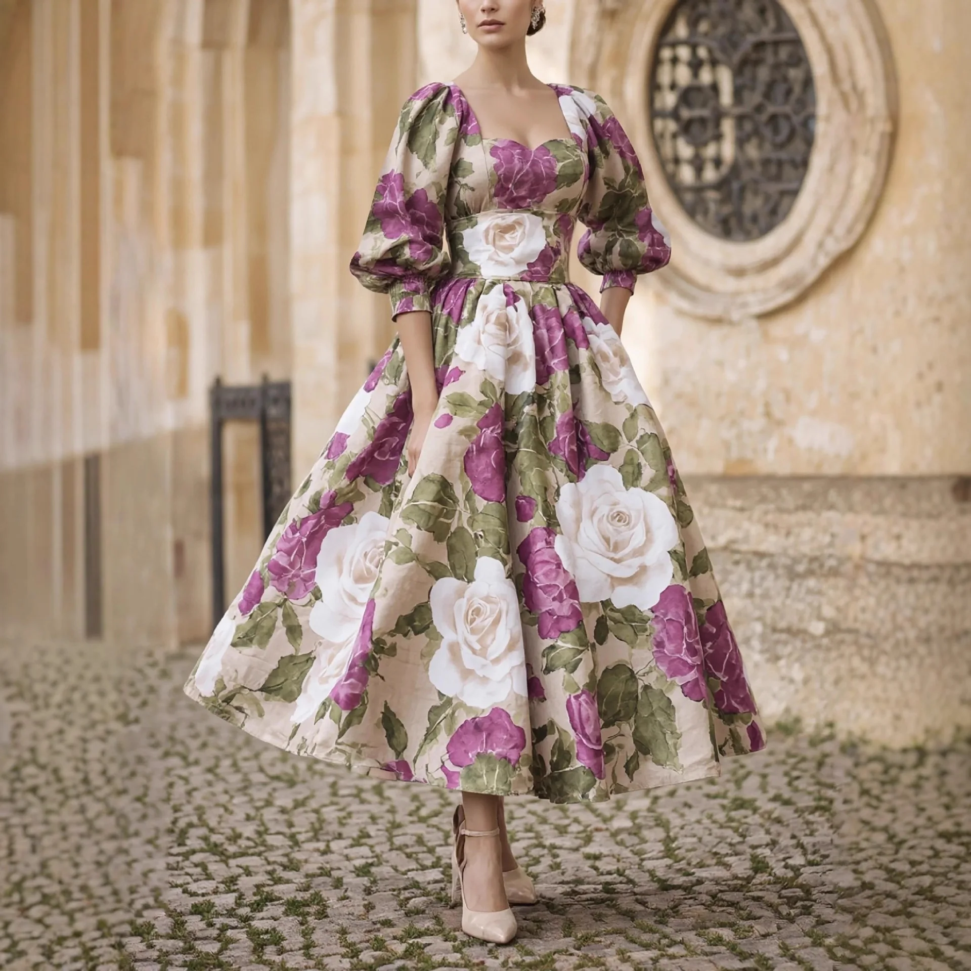 

Africa Clothing Summer Vintage Floral Print Dress Sexy Wrap Chest Slim Fit Party Lady Fashion High Waist Pleated Long Dresses