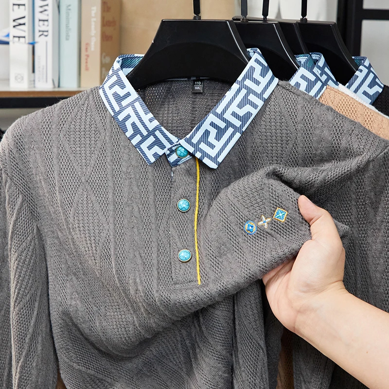 

Men's Original Embroidered Polo Shirt Hollow Color Jacquard Knitwear Long Sleeved Lapel T-shirt Autumn Fashion Business Menswear