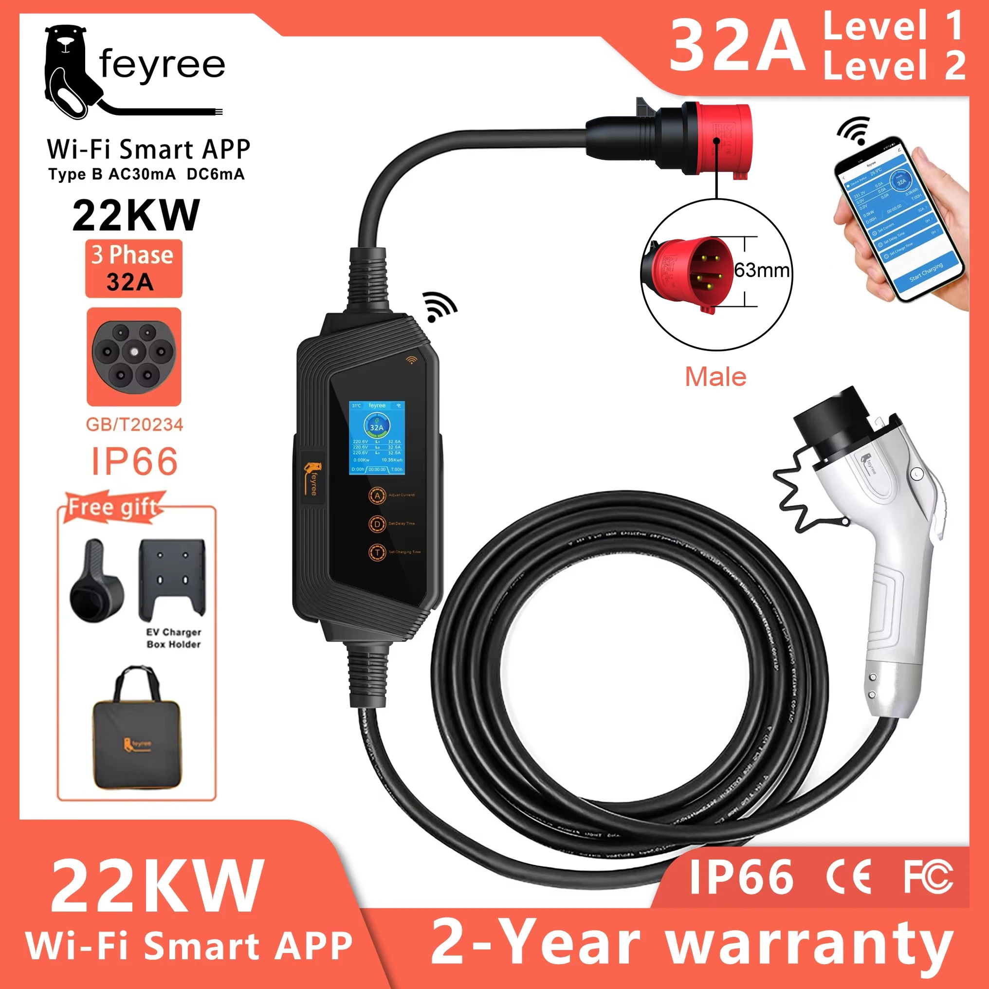 feyree Portable EV Charger GBT Plug 22KW 32A 3Phase EVSE Fast Charging Wi-Fi Smart APP Control for Electric Vehicle Car Charger