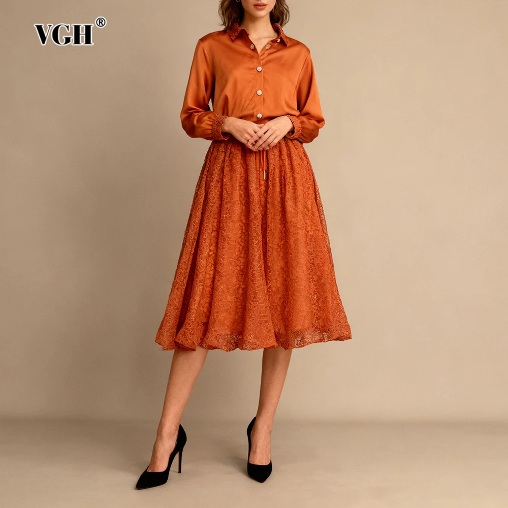 

VGH Весенний комплект из двух предметов для женщин, рубашка с длинными рукавами и лацканами с бантом на спине, рубашка с высокой талией, ажурная юбка, элегантный женский костюм, новый