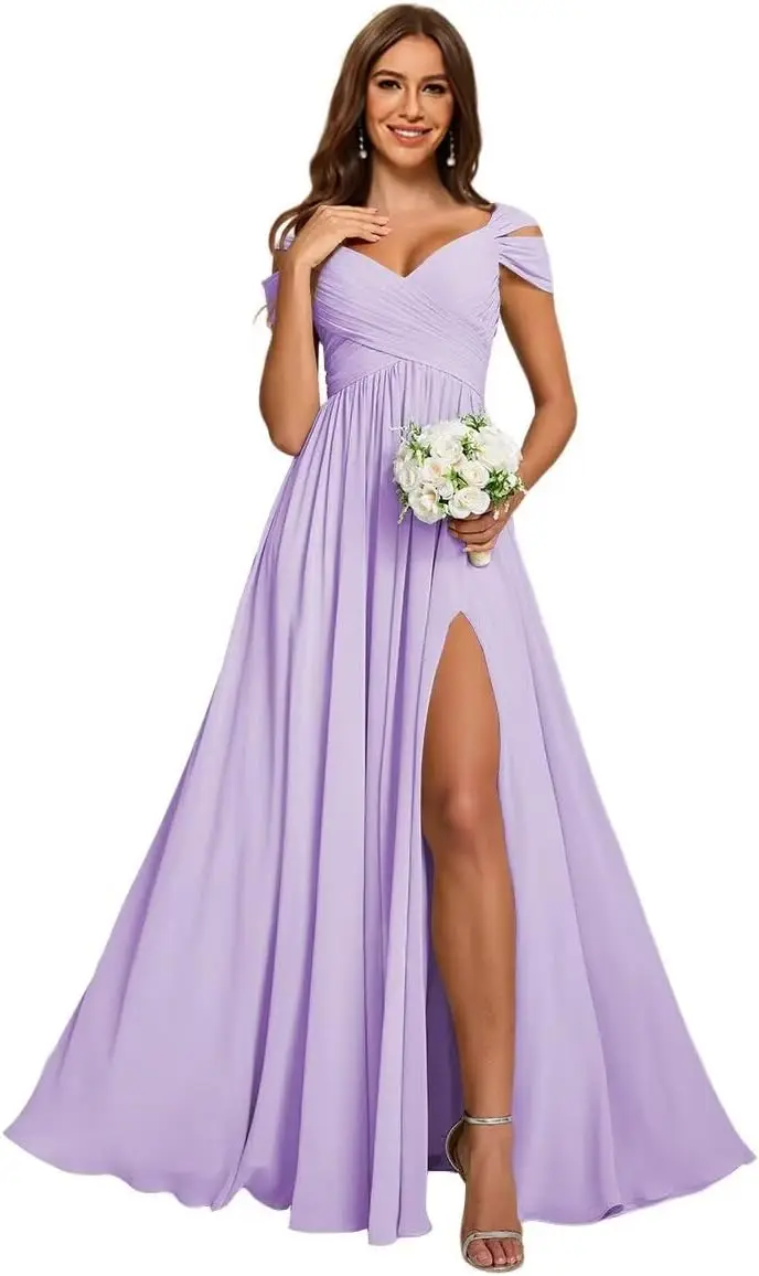 فساتين وصيفة الشرف مكشكشة بدون أكتاف للنساء طويلة مع جيوب شق شيفون فستان سهرة رسمي فساتين سهرة