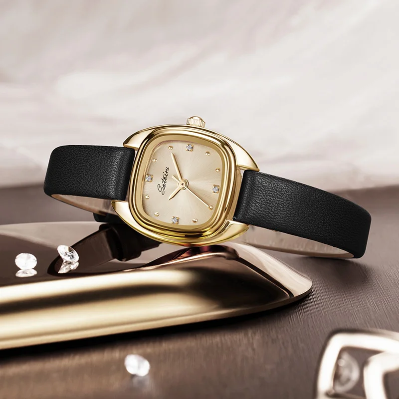 Sotoiru Gold Watch For Woman Square Shape Fashion Japan Quartz Wristwatches  Classic Black Leather Birthday Women Gifts