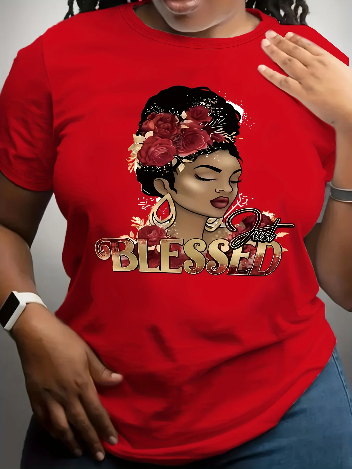 Casual Crew Neck T-Shirt Polyester Knit Fabric with Elastane Medium Stretch with African American Graphic Print women clothing