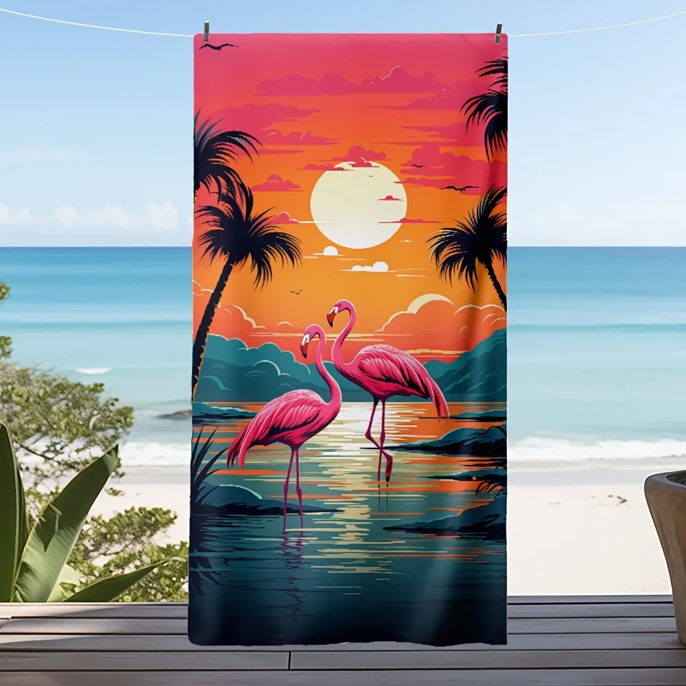 Vintage Tropical Flamingo Sunset Beach Towel Patterned Sunscreen And Windproof Suitable For Swimming Pool Camping Travel Blanket