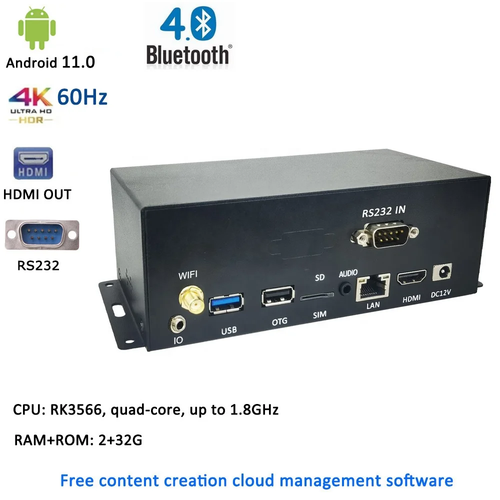 New 4K UHD TV Box Android 11.0 Digital Signage Cloud Terminal Display Advertising H.265/H. 264/VP8 Decoding Network Media Player