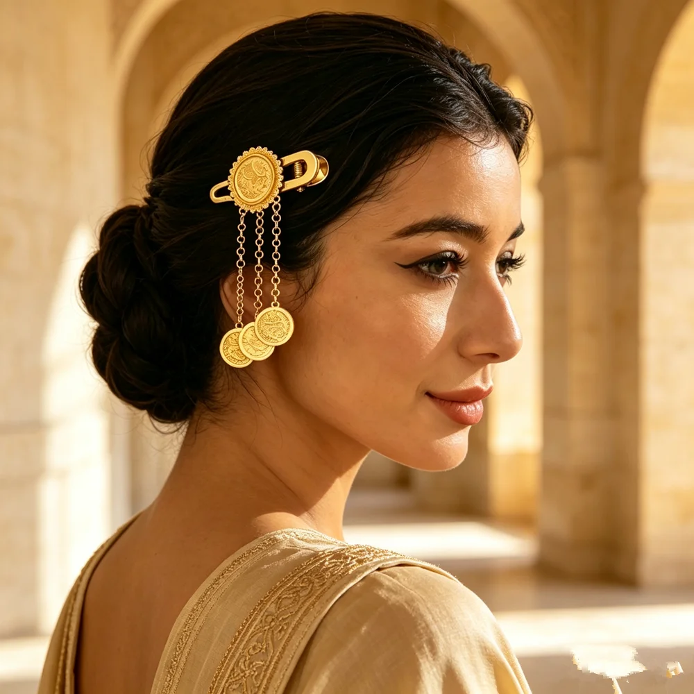 Gold Plated Turkish Coin Tassel Hair Clips Women's Kurdish Bridal Totem Hair Jewelry Arabic Festival Headwear