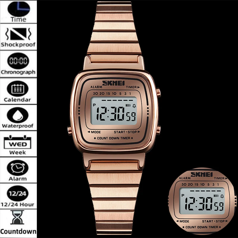 Skmei Womens Digital Watches Luxury Stainless Steel Strap Mineral Glass Dial 30m Waterproof Chronograph Fashion Lady Wristwatch