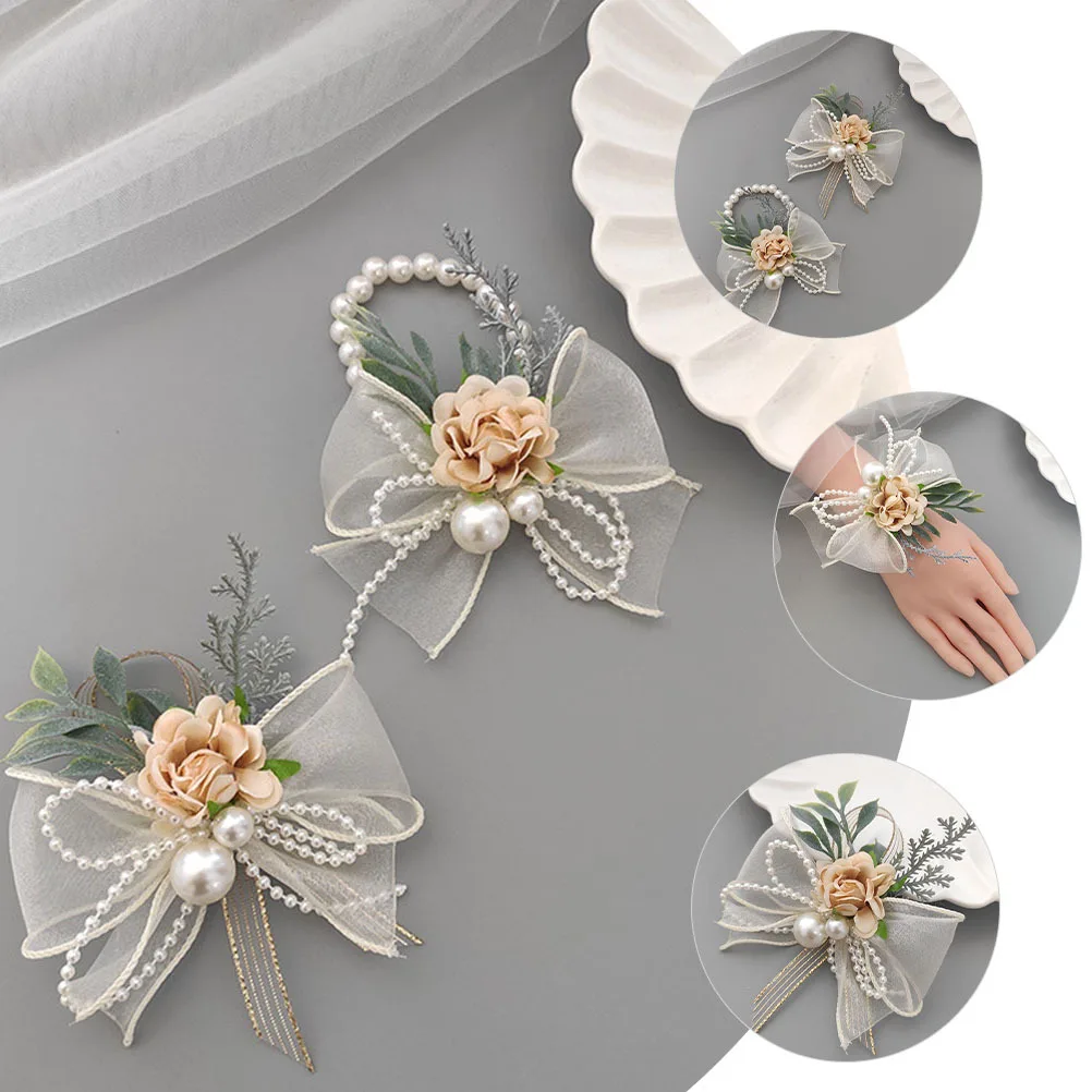 ชุดดอกไม้ประดับข้อมือและดอกไม้ติดอกสำหรับงานแต่งงาน 2 ชิ้น ดีไซน์หรูหรา ทำจากผ้าประดับมุก เหมาะสำหรับเจ้าสาว เพื่อนเจ้าสาว สไตล์เรียบง่าย โบฮีเมียน และงานพรอม