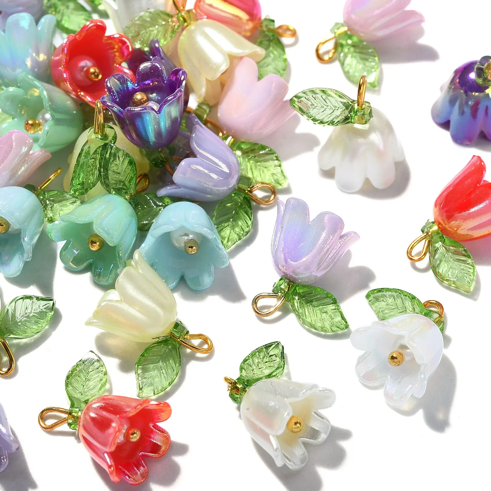 30Pcs Random Resin Bell Orchid Charms with Imitated Pearl Acrylic Beads Lily of the Valley Flower Charms for Jewelry Making