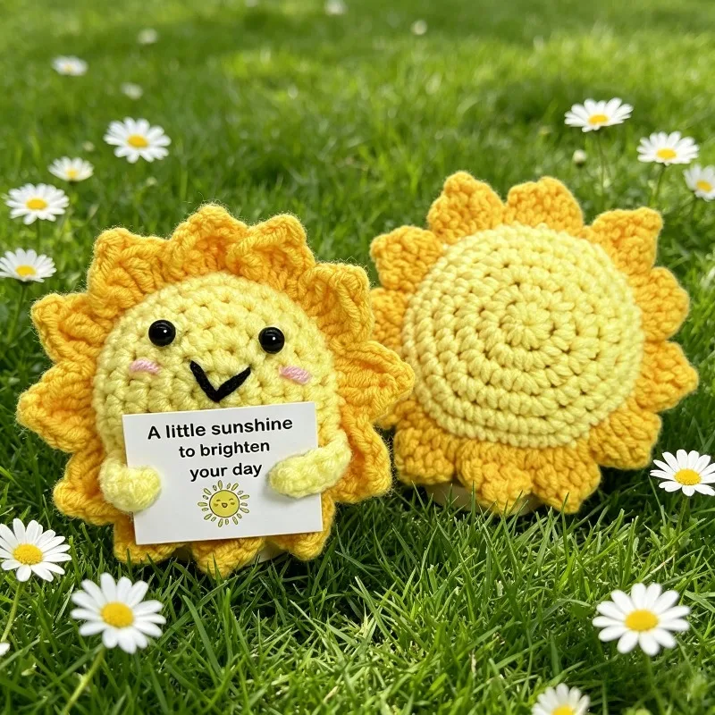 Handmade Crochet Sunflower Plush Toy, Cute Knitted Sun Doll for Summer Home Decor, Car Ornament & Cheer Up Gift