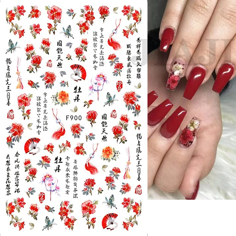 Chinese Styles Peking Opera Chronicle Nail Art Sticker Bamboo Peony Flower Lotus Crane Adhesive Transfer Slider Manicure