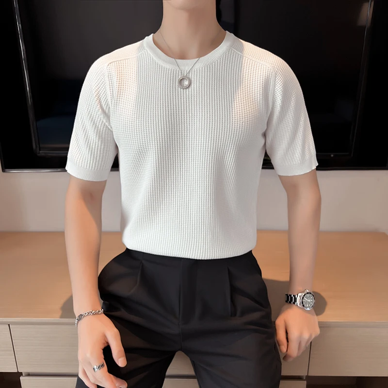 

2024 Spring Summer Striped Knitted T-shirt for Men Short Sleeve Slim Fit Casual Tshirts Minimalist Round Neck Tee Tops M-4XL