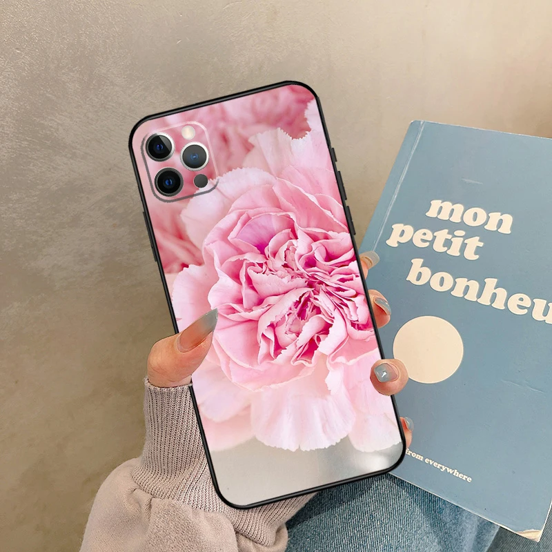 حافظة أنيقة على شكل زهرة الفاوانيا الوردية والأرجوانية لهاتف 17 Air iPhone 16 15 14 13 12 11 Pro Max 12 mini XR 15 16 Plus 16e غطاء خلفي شل