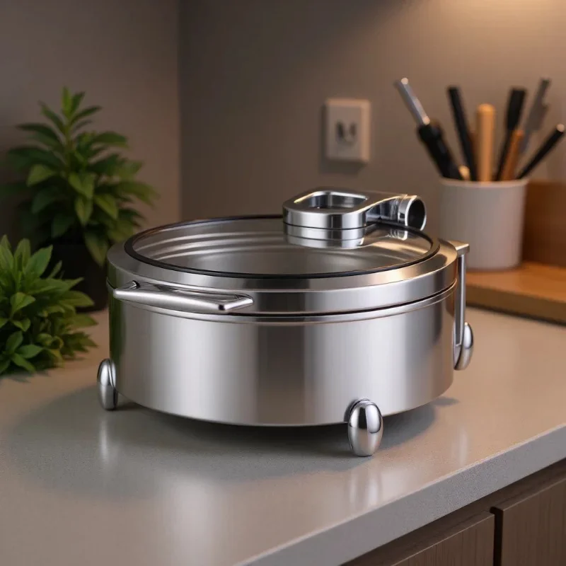 Stainless Steel Insulated Soup Pot with Viewing Window, Electric Insulated Porridge Pot, Round Buffet Food Warmer
