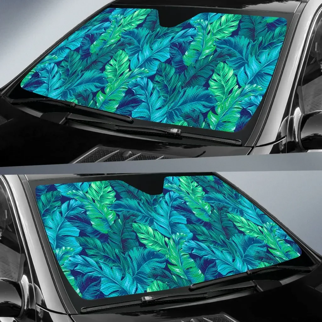 Turquoise Tropical Leaf Pattern Print Car Sun Shade