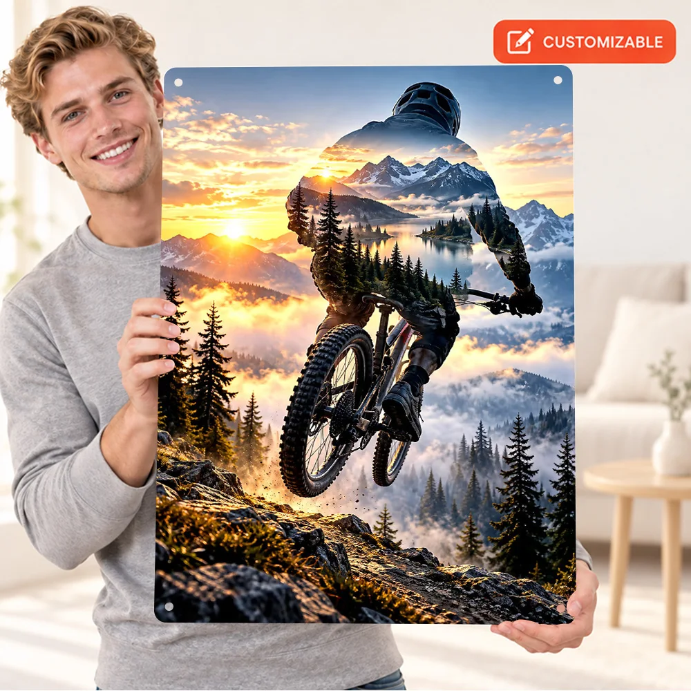 Mountain Biker At Sunset Cycling Textured Metal Poster Customized Metal Sign Double Exposure Wall Art For Home Gym Birthday Gift