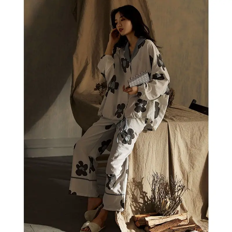 Pajamas Female Spring and Autumn Pure Cotton Long Sleeve Fallow Maiden Cute Can Be Worn Outside Summertime Loungewear Set Soft