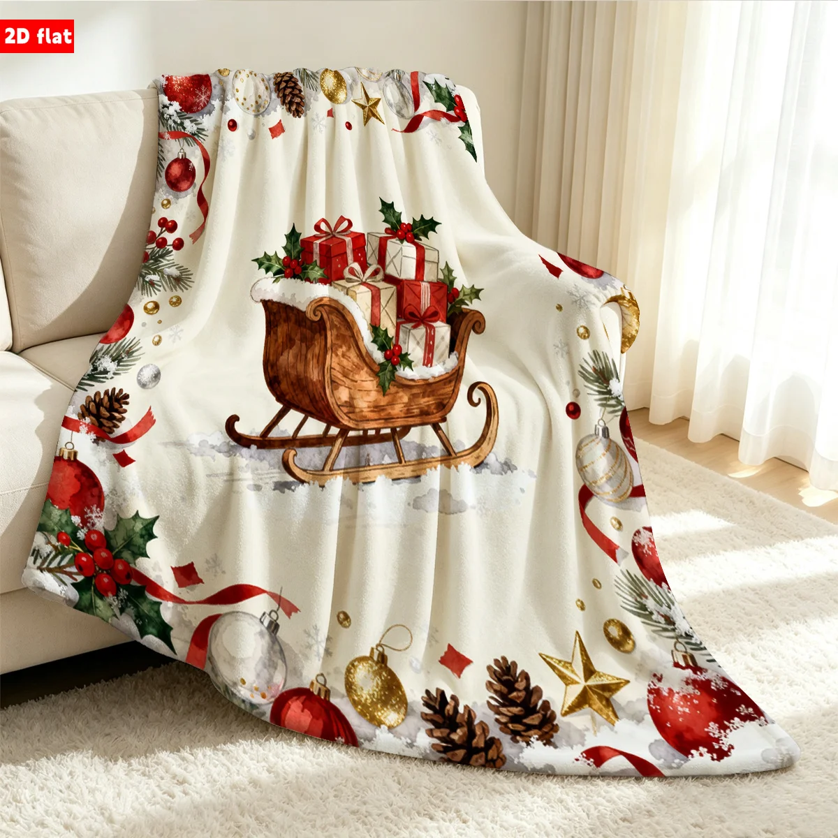 1pc 2D Flat Christmas Sleigh Printed Flannel Throw Blanket, Soft and Cozy, Anti-Pilling, Warm Fabric, Multiple Sizes for Sofa, B
