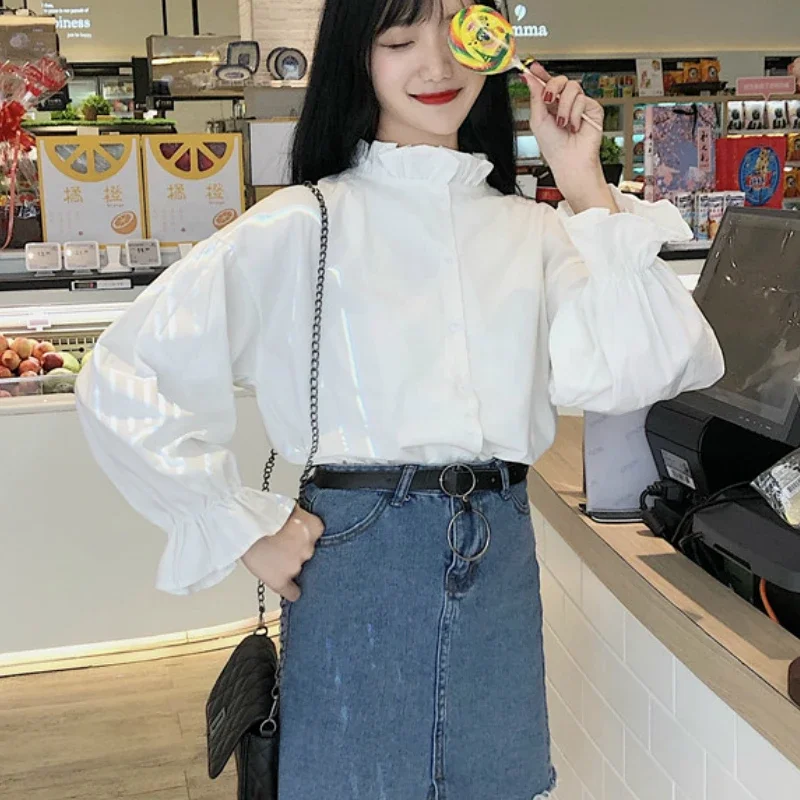 Shirts Women Ruffle Leisure Stand Collar Solid Flare Sleeve Womens Chic Pleated Loose Blouses Sweet Shirt Students All-match New