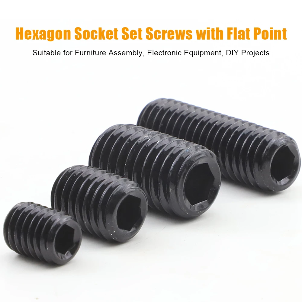 JUIDINTO 1-50pcs Black 304 SUS Hex Socket Set Screws with Flat Point M2 M2.5 M3 M4 M5 M6 M8 M10-M16 Allen Grub Headless Screws