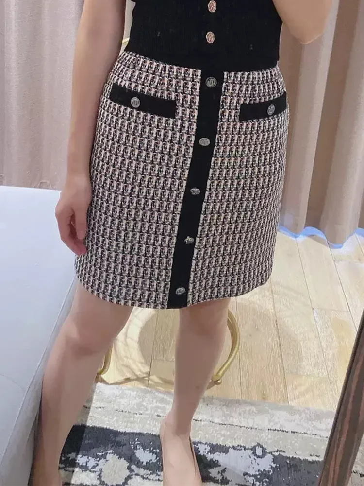 Clearance Price Women Plaid Mini Skirt Tweed Elegant Single Breasted Lady A-Line Jupes with Buttons