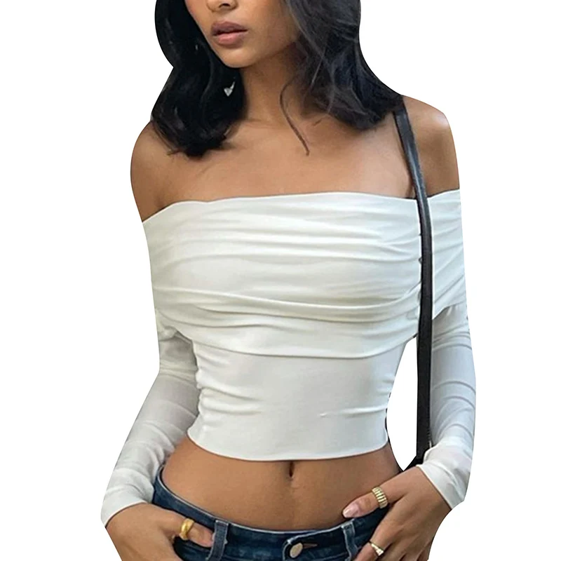 

Women Strapless Long Sleeve Crop Top Off Shoulder Ruched Fit Shirt Summer Y2K Basic White Tight Tee Going Out Streetwear