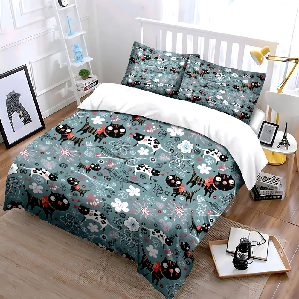3Pcs Grey Background Bow Cat Floral Bedding Set, Whimsical Sketch Kitty Print Duvet Cover 2 Pillowcases Single Double, Gift
