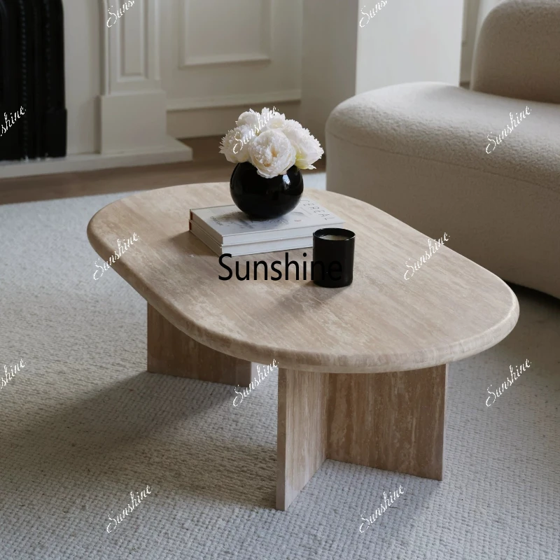 

Natural Huangdong stone coffee table French medieval marble oval coffee table