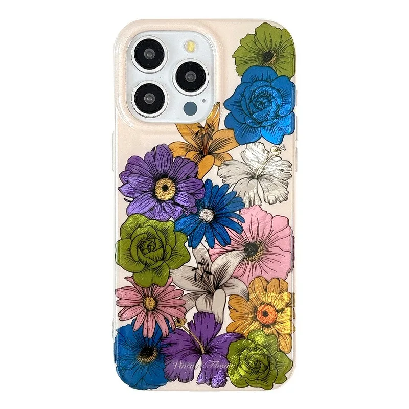 

Glitter Color Flowers Phone Case For iPhone 16 15 14 13 Pro Max Full Cover