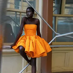 Orange Satin Short Party Dress Ruffles Puffy African Girls Prom Gown Women Above Knee Mini Evening Dresses Formal Wear