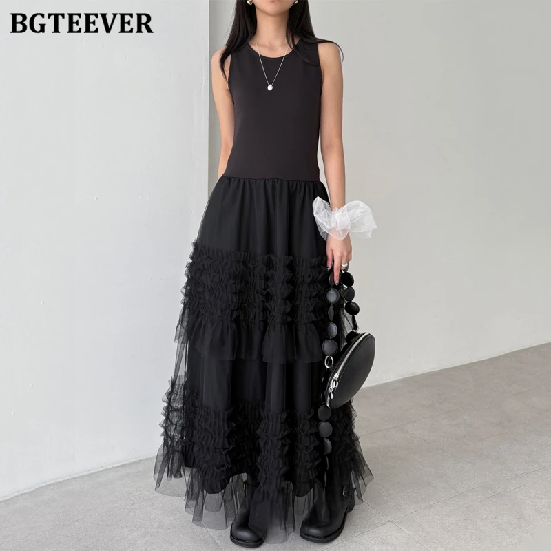 

BGTEEVER Vintage Sleeveless Women Patchwork Vest Dress Summer Fashion O-neck Slim Waist Ladies A-line Mid-Length Dress