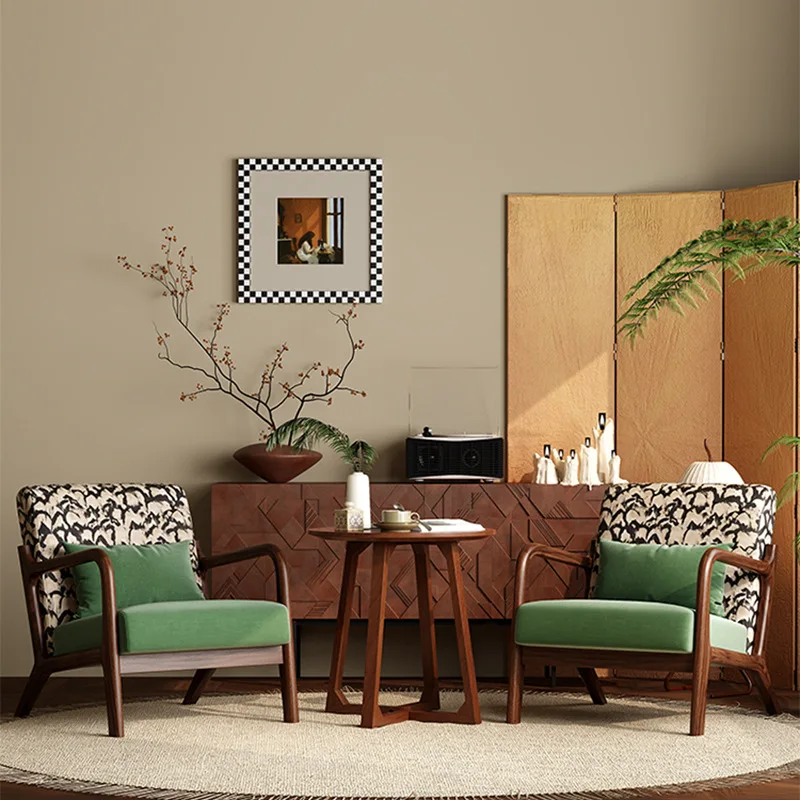 HYS vintage single sofa chair living room bedroom lazy lounge chair hotel reception solid wood balcony tea table and chair