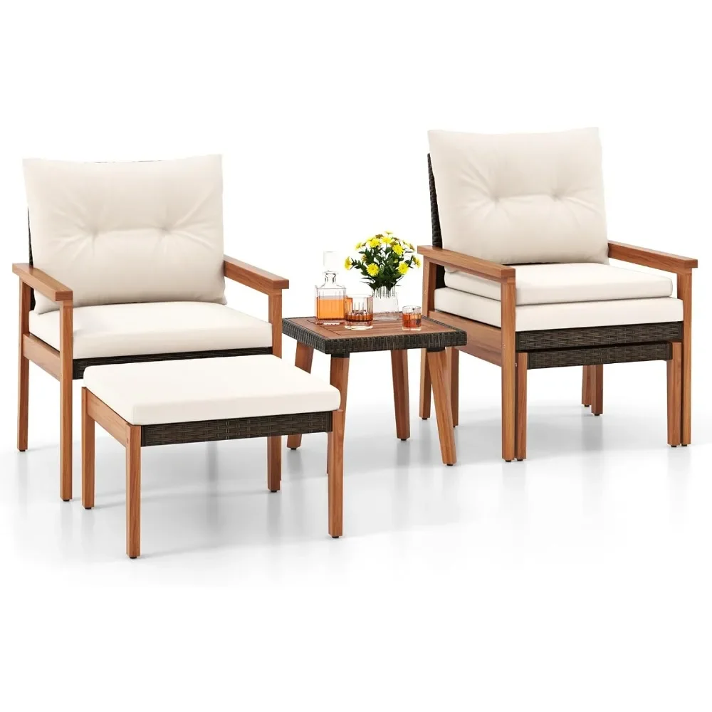 

HAPPYGRILL 5 Pieces PE Rattan Patio Conversation Set, Wicker Chairs with Square Coffee Table, Ottomans & Soft Cushions, Outdoor