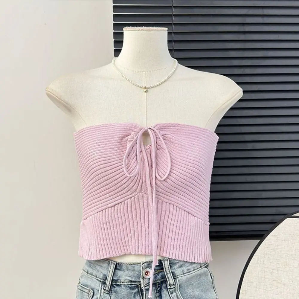 

Simple Hollow Out Knitted Slim Crop Top Round Neck Tank Women's Halter Vest Top Undershirt Y2K Sleeveless Knit Camisole Girl