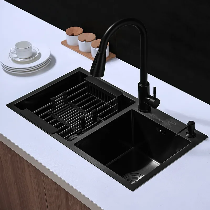 for 304 Stainless Steel Vegetable Basin Double Slot Black Diamond Nano Handmade Sink Kitchen Sink Household Black