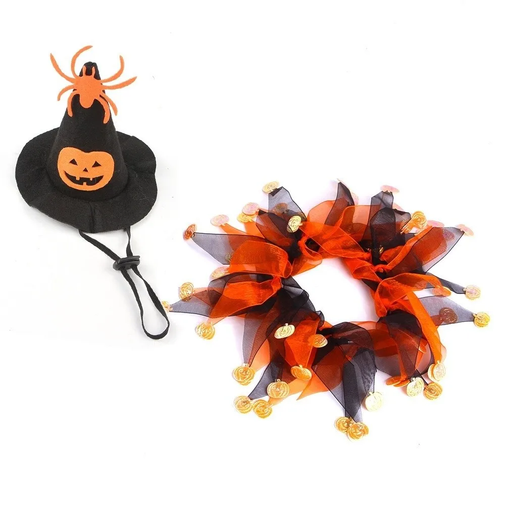 Cute Pumpkin Halloween Cat Costume Adjustable Cosplay Props Cat Collar Hat Set Spider Scarf Pet Halloween Supplies Dress Up