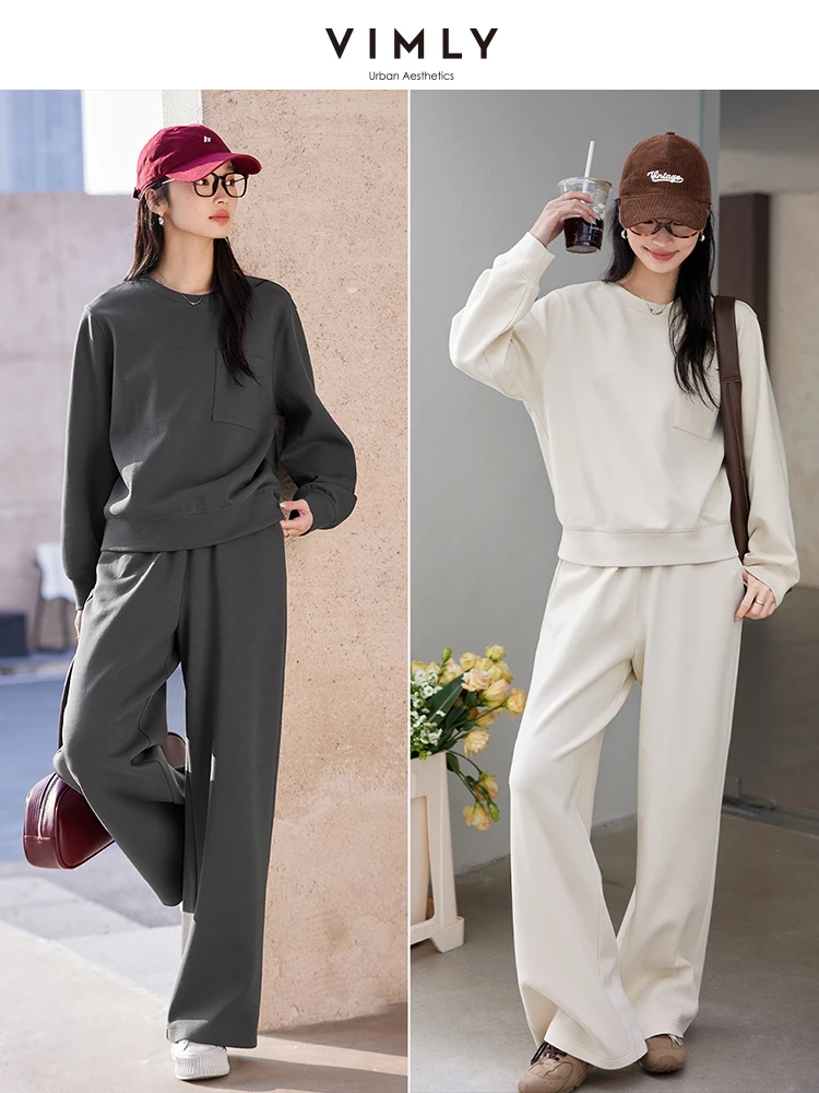 VIMLY 2 Piece Sweat Pant Set Woman 2026 Casual Outfit Spring Autumn Loose Sweatshirt Wide Leg Pants Female Clothing Sets A0670
