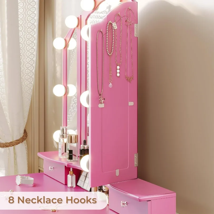 Compact Pink Makeup Vanity Desk with TriFold Mirror and Builtin LED Lights Featuring Wood Upholstered Stool 5 Drawers 8 Jewelry image 3