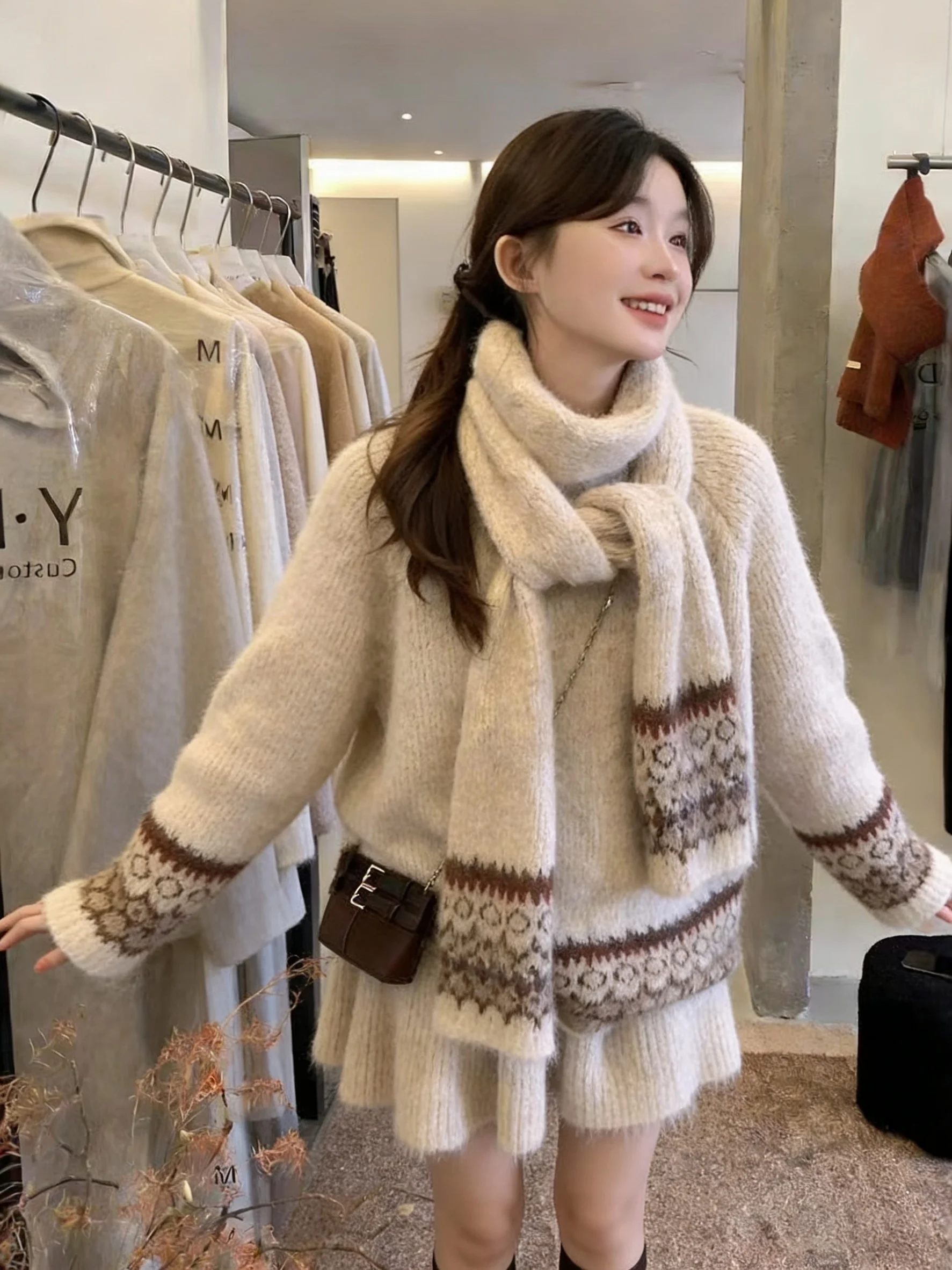 coreen-sle-agel-fair-isle-tricote-pull-ort-jupe-ensemble-femmes-printemps-design-sens-long-sve-deux-pieces-faion-ensemble