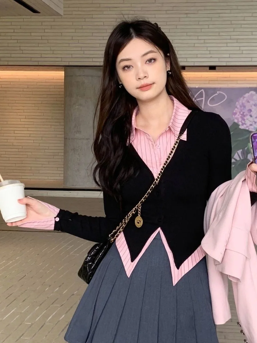 

plus Size Women's Slimming Illusion Top European Faion Unique Beautiful irt Korean Sle Long Sve Collar Stripe P...