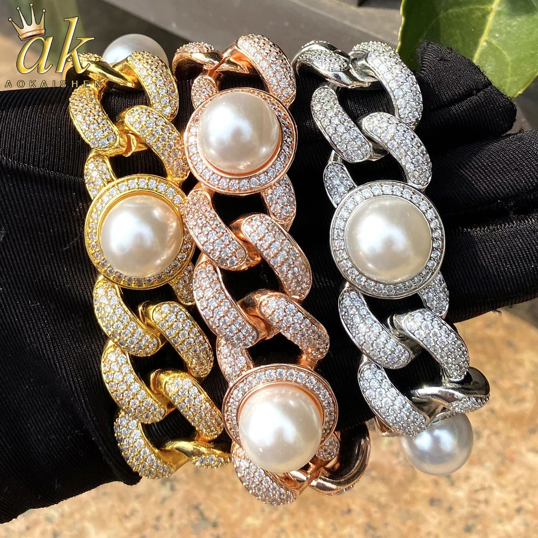 Aokaishen Iced Out Pearl Bracelet Choker Cuban Link Chain fo Women Real Gold Plated Hip Hop Jewelry