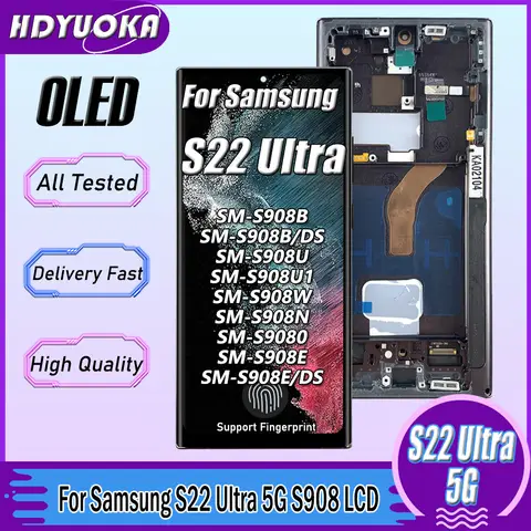6.78 inç OLED LCD Samsung S22 Ultra LCD ekran S908 S908B Dokunmatik Ekran Digitizer Samsung S22Ultra 5G S908U Çerçeve Ile