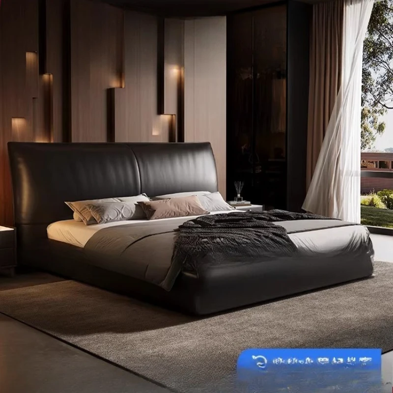 

Bed floor-to-ceiling inlaid leather Italian minimalist right-angle modeling bed solid wood master bedroom double bed